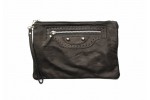 Black clutch bag with zipper front in soft calfskin 